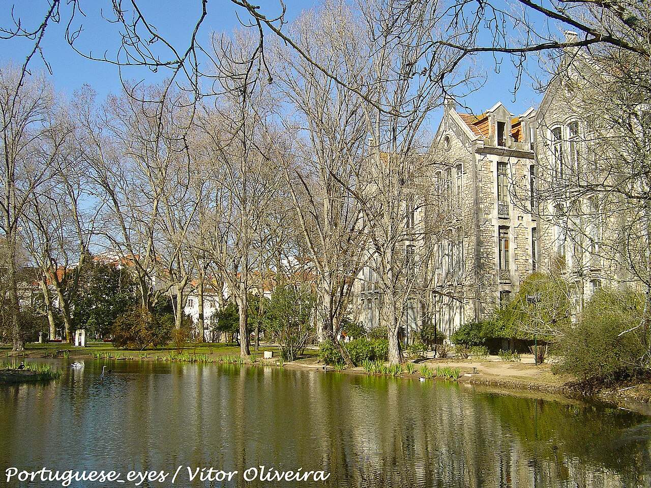 Los pabellones abandonados reflejados en el lago del Parque Dom Carlos I