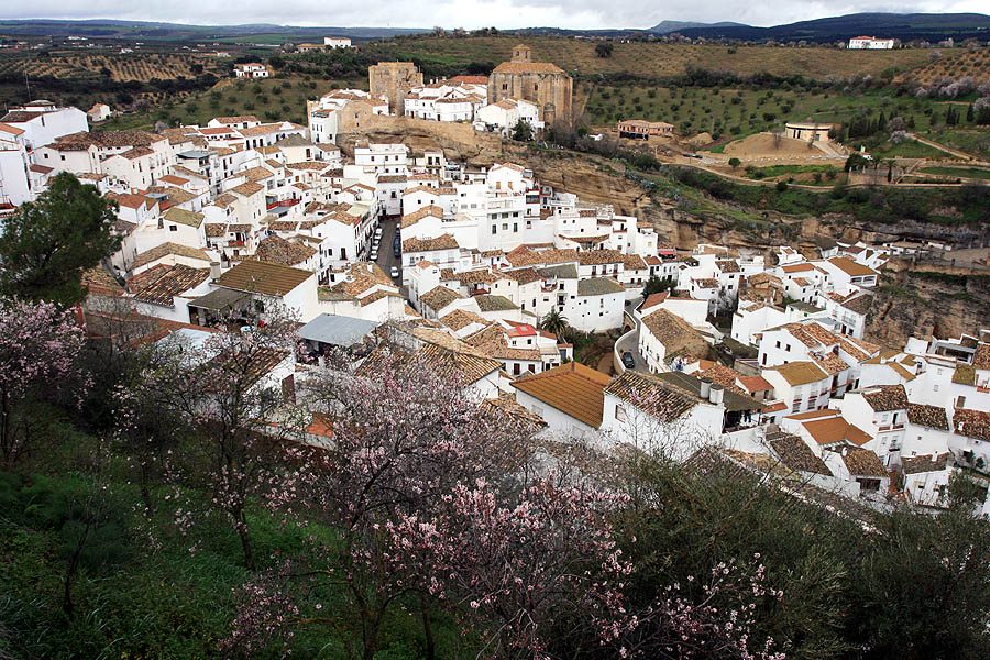 Vista de las casas cueva blancas bajo la roca, la imagen más icónica de qué ver en Setenil de las Bodegas